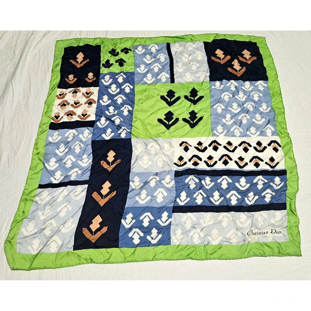 Christian Dior circa 1970 Silk Scarf Green Blue Geometric Abstract Square. EUC.